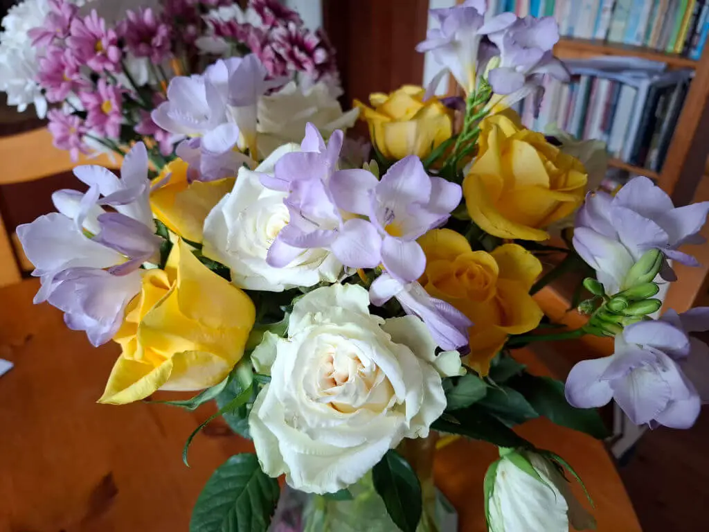 A vibrant bouquet of white and yellow roses mixed with light purple flowers on a wooden table, with a background of bookshelves, conveying a fresh, cheerful ambiance.