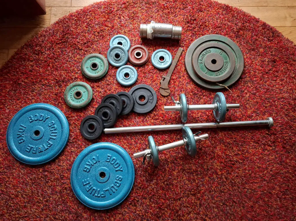 Assorted colourful weight plates and bars on a textured red rug. The mix includes blue, green, and black weights, with dumbbell bars, creating a casual fitness vibe.