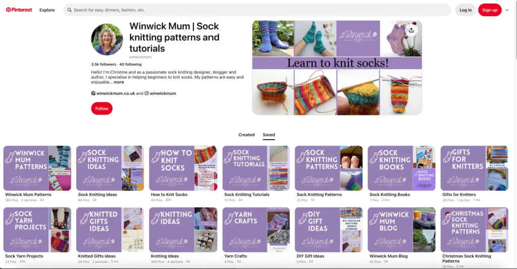 Pinterest page titled "Winwick Mum | Sock knitting patterns and tutorials." Features knitting images, pattern lists, and gift ideas for knitters.