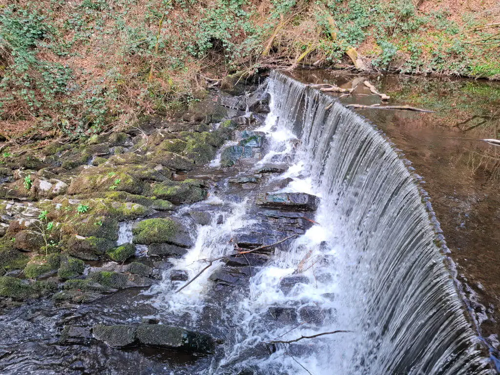 A small waterfall flows over a curved stone dam, surrounded by lush, green moss and vines. The scene is serene and natural, evoking tranquility.