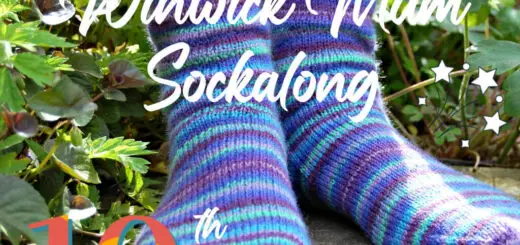 Colourful striped socks on feet in a garden; text overlay reads "Winwick Mum Sockalong 10th Birthday" with a festive hat and stars.
