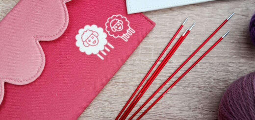 Red and pink knitting needle cases with sheep designs, red knitting needles, colourful yarn balls, and a wooden background. Cozy and creative vibe. KnitPro Zing DPN review