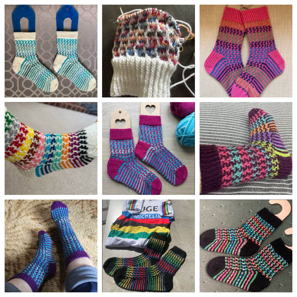 A collage of coloruful handmade knitted socks, each pair featuring intricate patterns and vibrant stripes, evoking a cozy and creative atmosphere.
