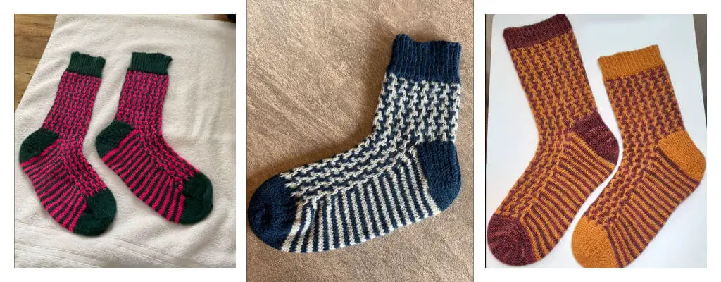 Three pairs of Ryegrass knitted socks are displayed: pink and green, blue and white, and orange and brown mosaic. Cozy and vibrant designs.