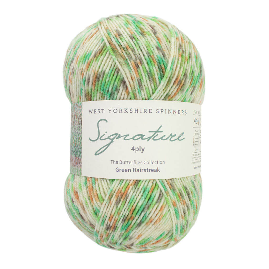 A skein of multicoloured yarn with greens, browns, and creams, labeled "West Yorkshire Spinners Signature 4ply," from the Butterflies Collection.