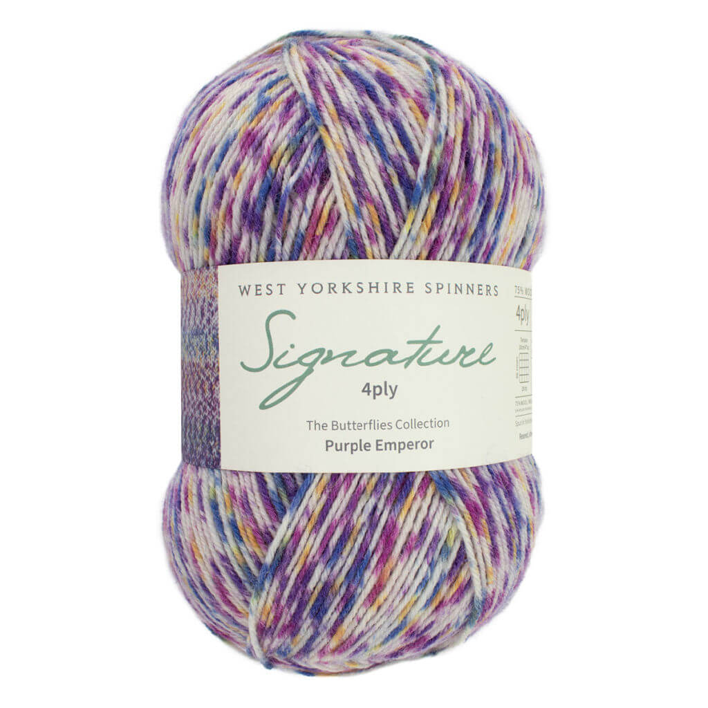 Multicoloured yarn ball labeled "West Yorkshire Spinners, Signature 4ply, Purple Emperor." The yarn features purple, blue, yellow, and white strands.