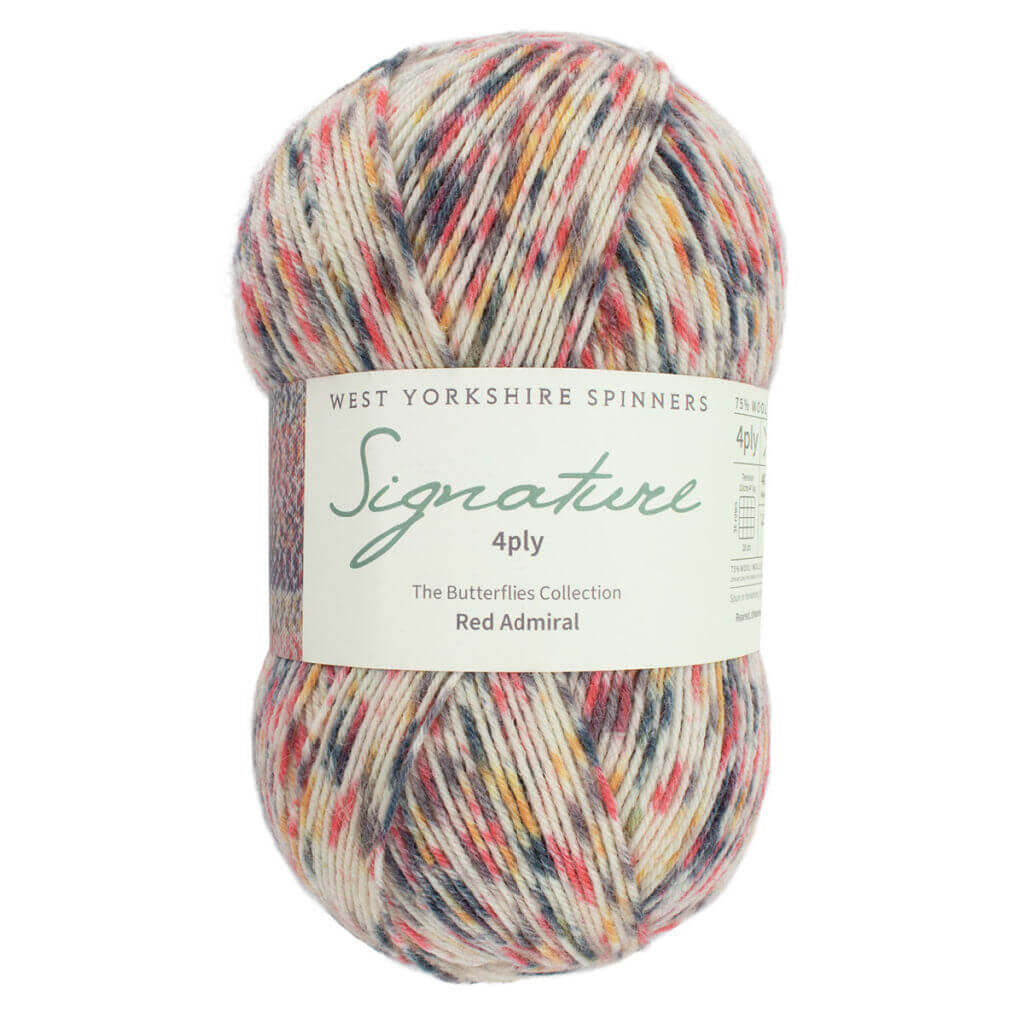 Ball of multicoloured yarn in shades of red, blue, and cream from West Yorkshire Spinners' Signature 4ply collection, labeled "Red Admiral."