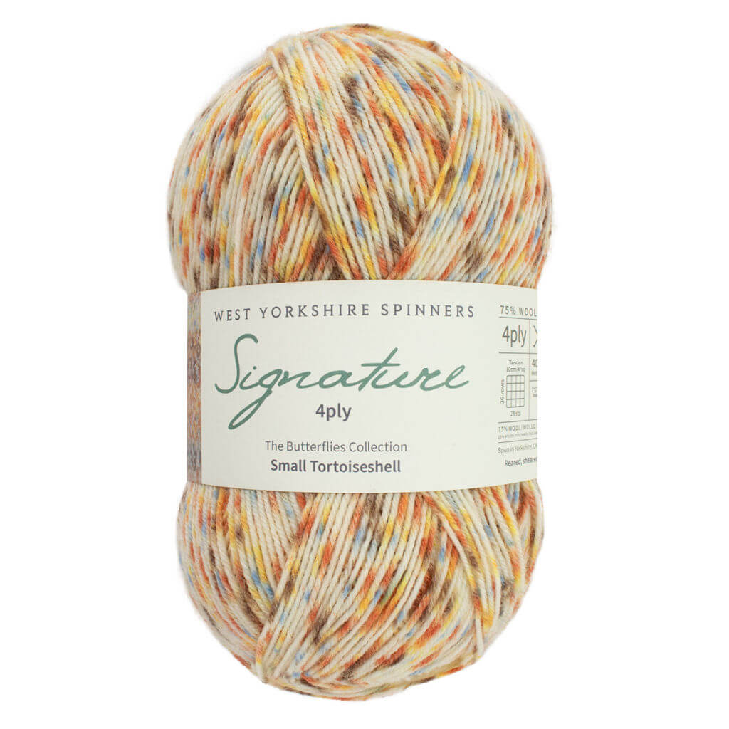 Yarn ball labeled "Signature 4ply, Small Tortoiseshell" by West Yorkshire Spinners. It features a multicoloured pattern with shades of orange, blue, and cream.