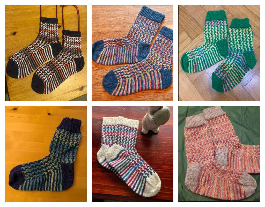 A collage of six colourful knitted socks pairs in bright and neutral shades on various textured backgrounds. Vibrant and cosy.
