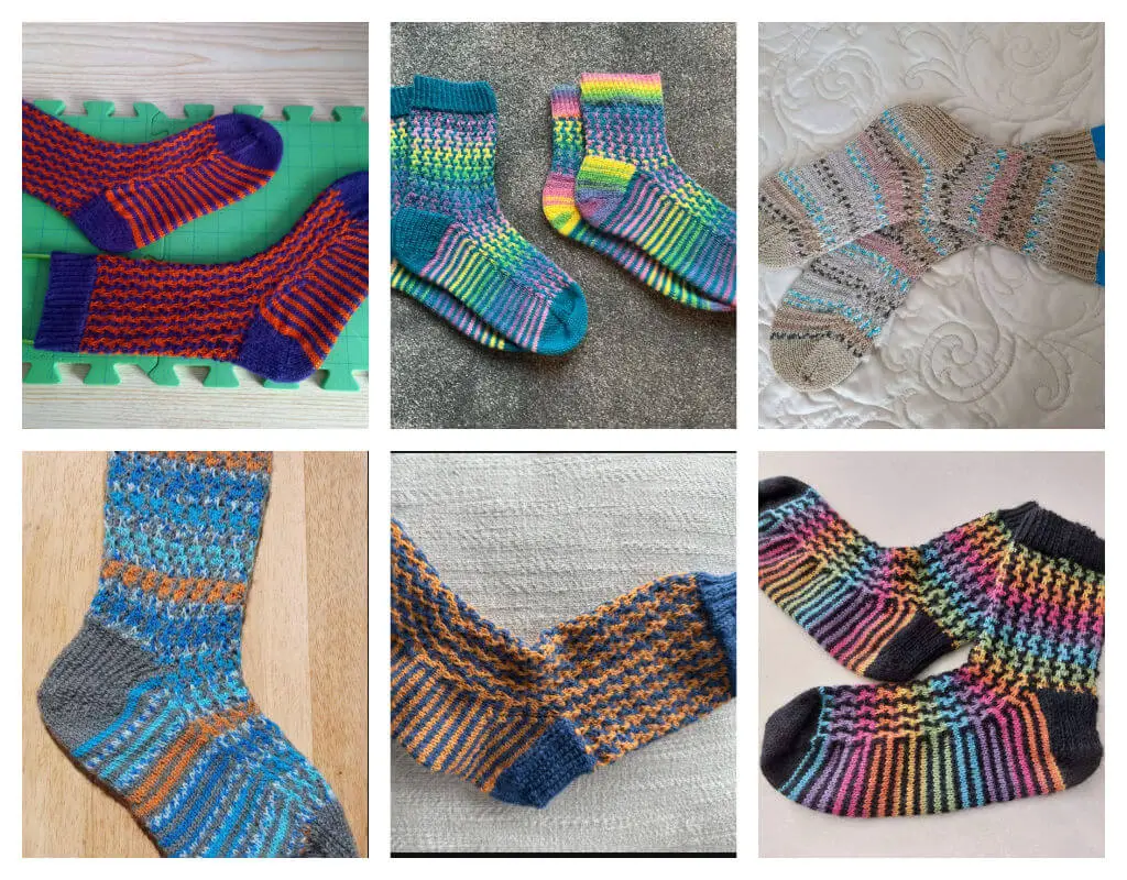 A collage of six colourful knitted socks pairs in bright and neutral shades on various textured backgrounds. Vibrant and cosy.