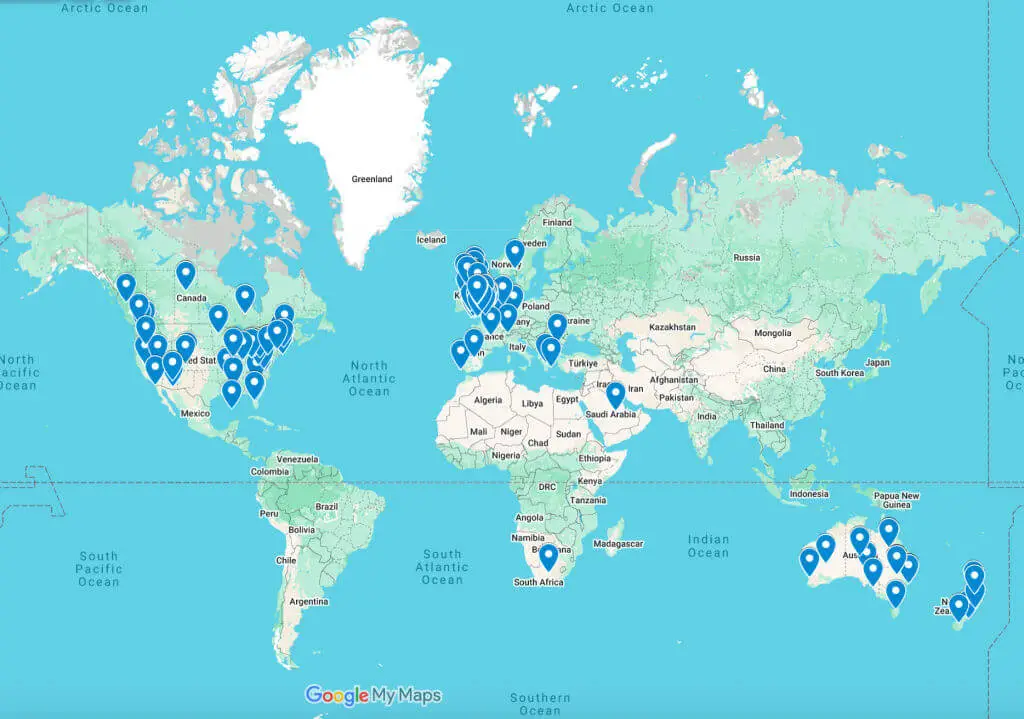World map with numerous blue location pins across North America, Europe, and Australia/New Zealand, showing where people are using the Winwick Mum Sockalong tutorials