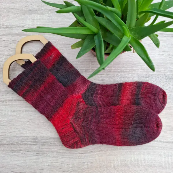Knitted socks in shades of red and black are placed on a wooden surface next to a green succulent plant, conveying warmth and coziness.