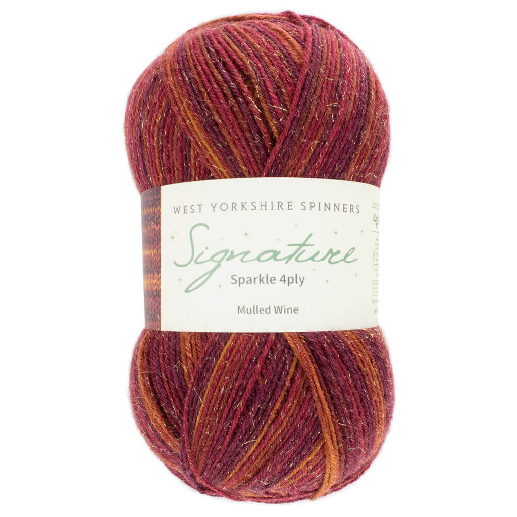 Ball of yarn labeled "Signature Sparkle 4ply" by West Yorkshire Spinners. In shades of red and orange with a subtle glitter, colour named "Mulled Wine".