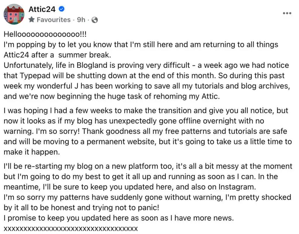 A screenshot from Attic24 Facebook page explaining that the blog is moving and more details will come later