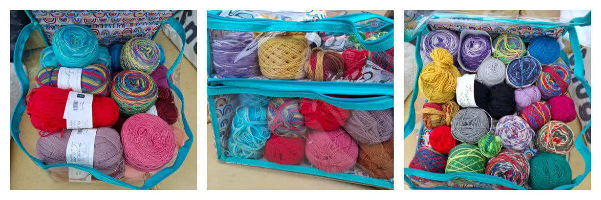 Three images show Scubl boxes filled with colourful yarn balls in various textures and patterns, organised neatly. The scene is vibrant and inviting.