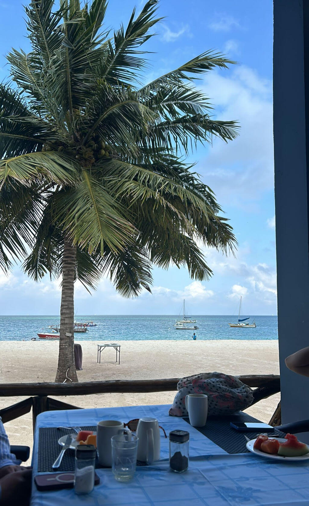 Beachfront dining scene with a palm tree, boats on calm sea, and a clear blue sky. Table in foreground has cups, fruit, and a serene atmosphere.