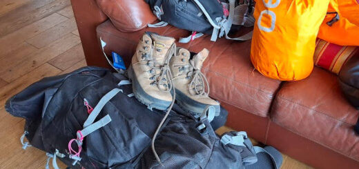 Backpacks, hiking boots, and an orange bag sit on a brown leather sofa and wooden floor.