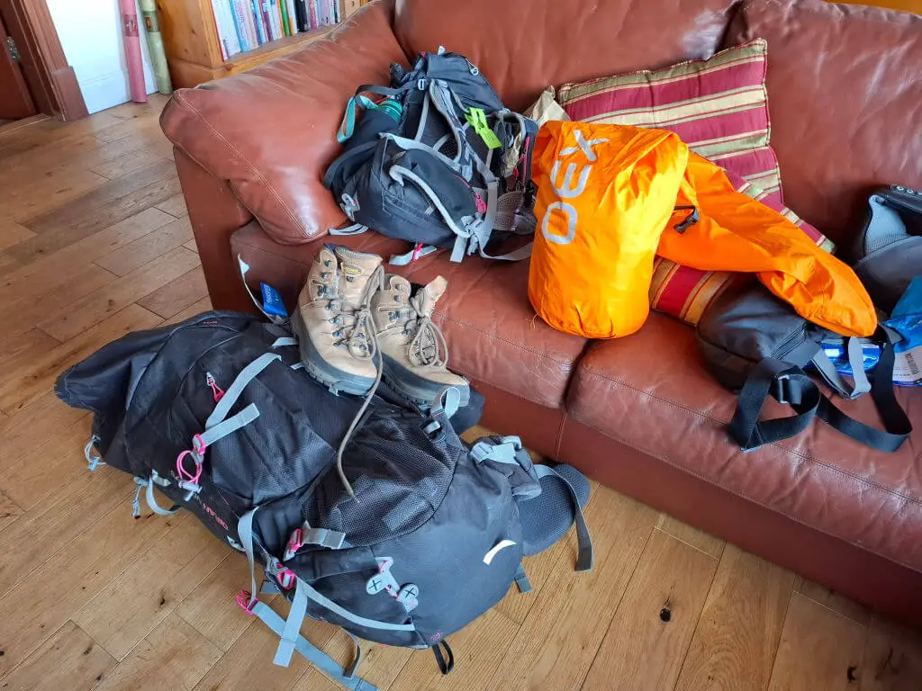 Backpacks, hiking boots, and an orange bag sit on a brown leather sofa and wooden floor.