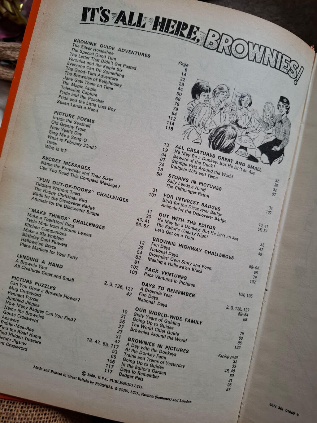 Page from a Brownie guide book titled "It's All Here, Brownies!" featuring a table of contents and an illustration of girls in uniform sitting in a circle, engaged in discussion. The tone is nostalgic and instructive.