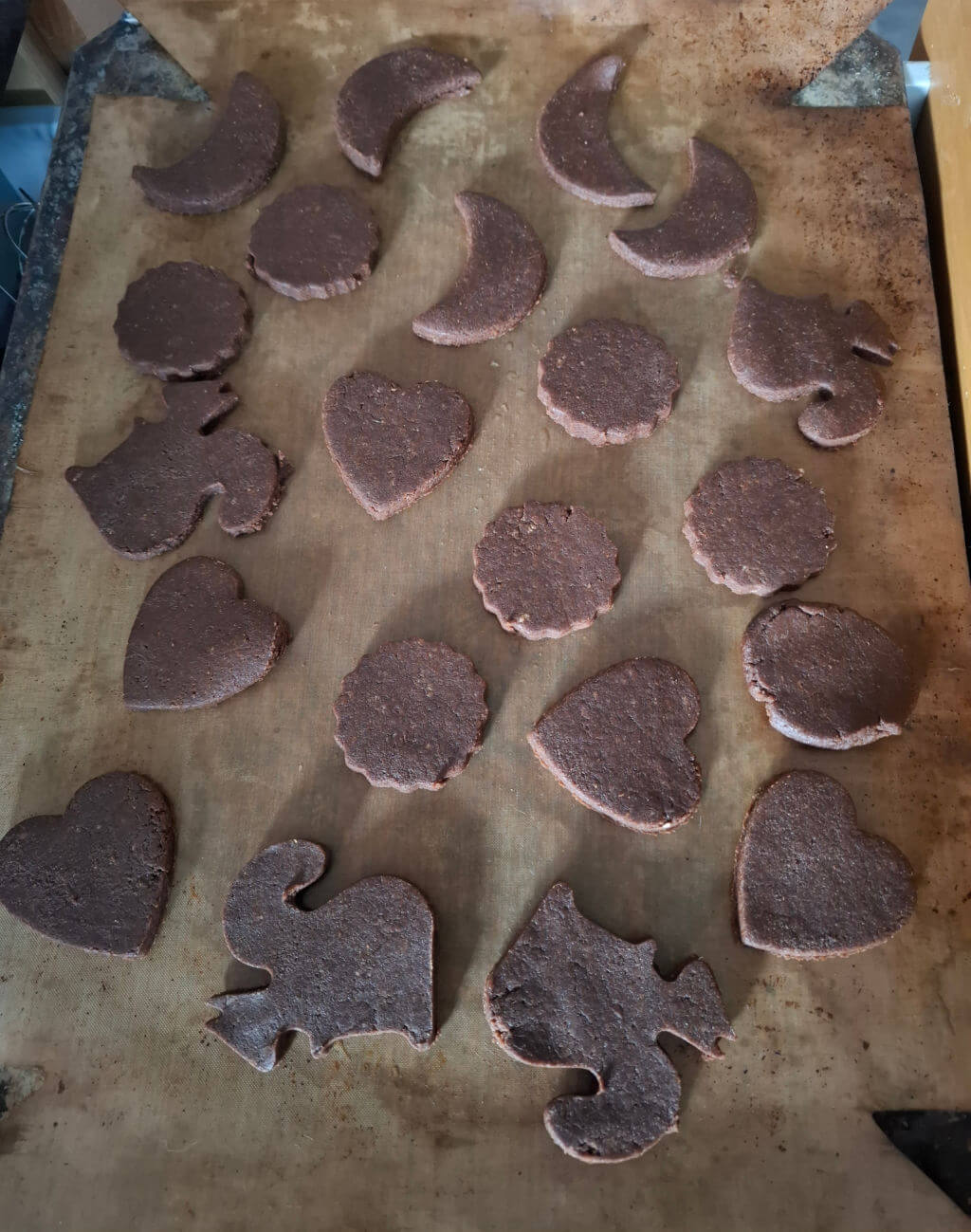Assorted chocolate cookies on a baking sheet, shaped like hearts, moons, and squirrels. The image conveys a homemade, cosy baking moment.