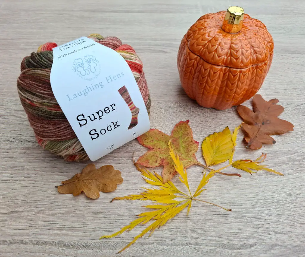A ball of multicoloured yarn labeled "Super Sock" by Laughing Hens is next to an orange ceramic pumpkin and autumn leaves on a wooden surface.