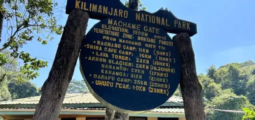 Sign at Machame Gate, Kilimanjaro National Park, with route distances and times. Surrounded by trees, under a clear blue sky.