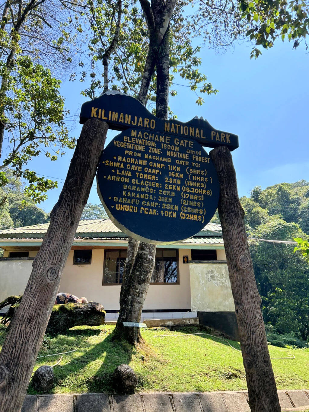 Sign at Machame Gate, Kilimanjaro National Park, with route distances and times. Surrounded by trees, under a clear blue sky.