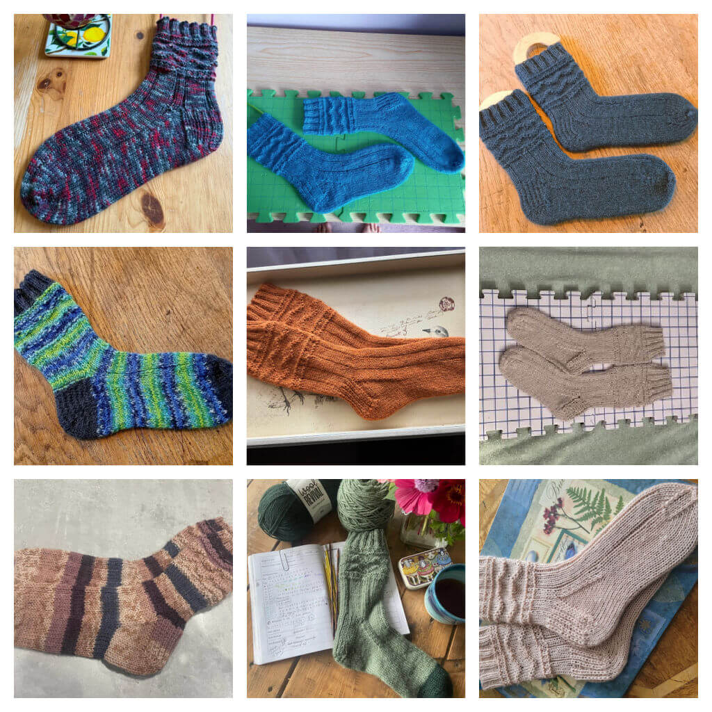 Collage of nine hand-knitted socks using the Winwick Mum Well-Travelled Socks pattern in various colours on different surfaces. Each sock displays unique textures and vibrant hues.