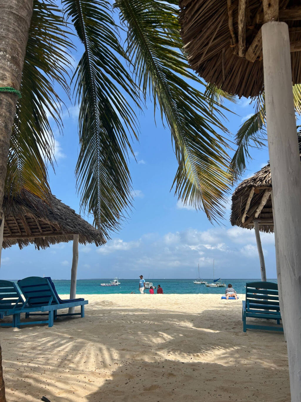 A sunny beach scene with turquoise sea is framed by palm leaves and thatched umbrellas. Blue lounge chairs sit on sandy ground. Calm and serene atmosphere.