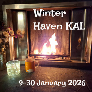 Cosy fireplace with flames glowing warmly. Flowers in a jar, a lit candle, and an orange mug are on the hearth. Text reads “Winter Haven KAL, 9-30 January 2026.”