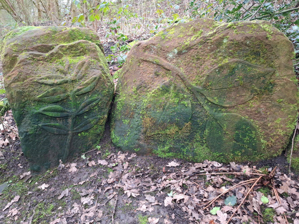 Two moss-covered stones with carved leaf designs stand amidst a forest floor, surrounded by fallen leaves and branches. Serene and natural.