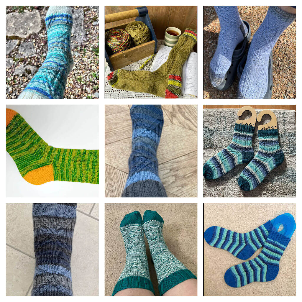 Collage of nine knitted socks in various patterns and colours, including green, blue, purple, and striped designs, each displayed on different backgrounds.