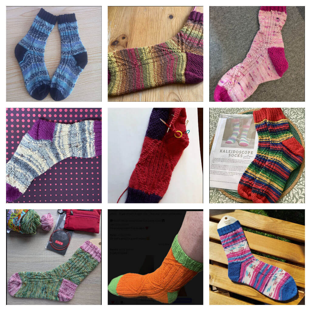 A collage of nine colourful knitted socks in various patterns and shades, including stripes and solid colours, displayed on different textured backgrounds.