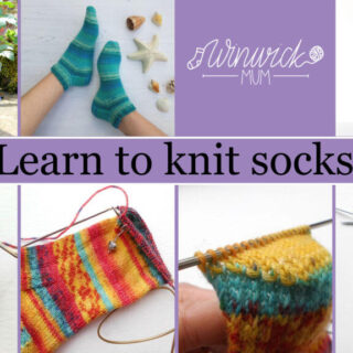 Alt text: Colourful knitted socks and knitting tutorials are featured. Top images show completed socks in varied patterns. Bottom images depict step-by-step sock knitting in vibrant yarns. Text reads "Learn to knit socks!" with "Winwick Mum" logo.