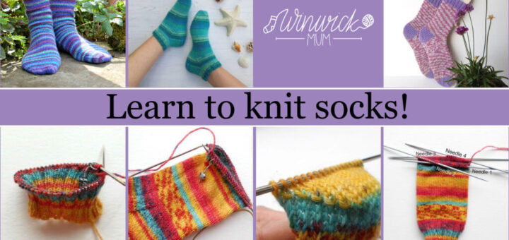 Alt text: Colourful knitted socks and knitting tutorials are featured. Top images show completed socks in varied patterns. Bottom images depict step-by-step sock knitting in vibrant yarns. Text reads "Learn to knit socks!" with "Winwick Mum" logo.