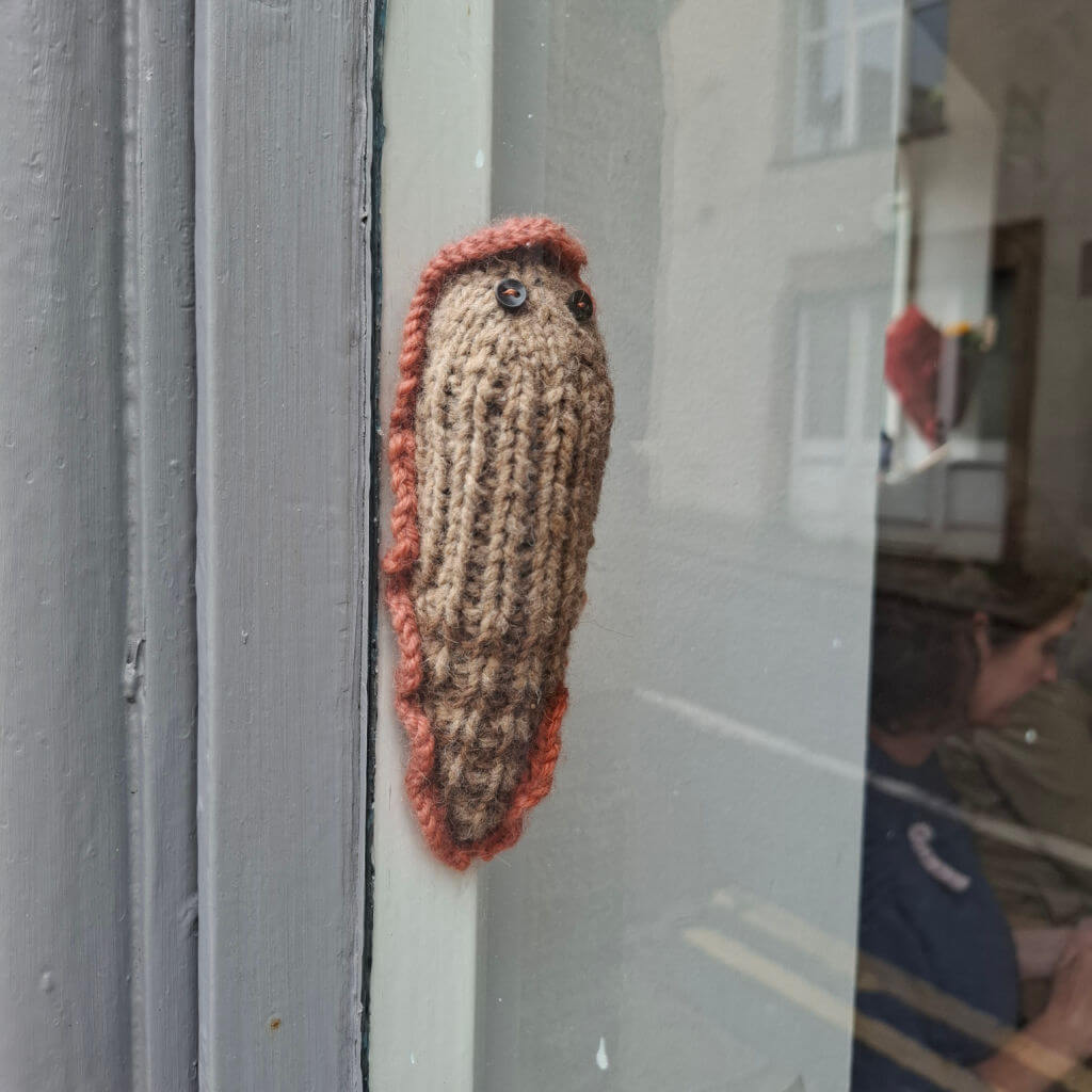 A knitted slug is attached to a window frame. It is brown with a red outline and has button eyes, conveying a whimsical tone.