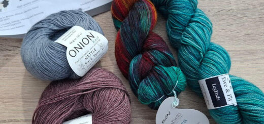 Four skeins of yarn sit on a wooden table: blue, burgundy, multicoloured, and teal. A paper labeled "Ewe & Ply" lies partially beneath the blue yarn.