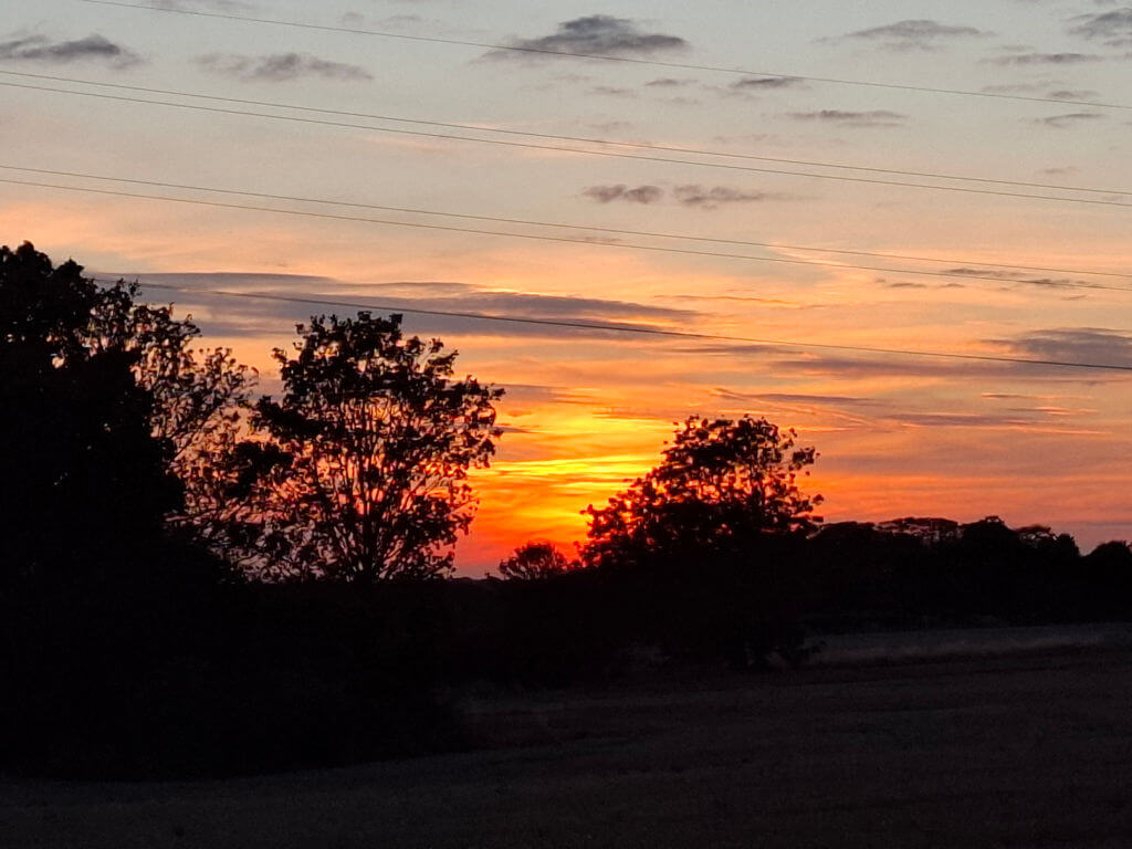 Vivid orange and pink sunset beneath streaked clouds, silhouetting trees, fields, and overhead power lines in a serene rural landscape.