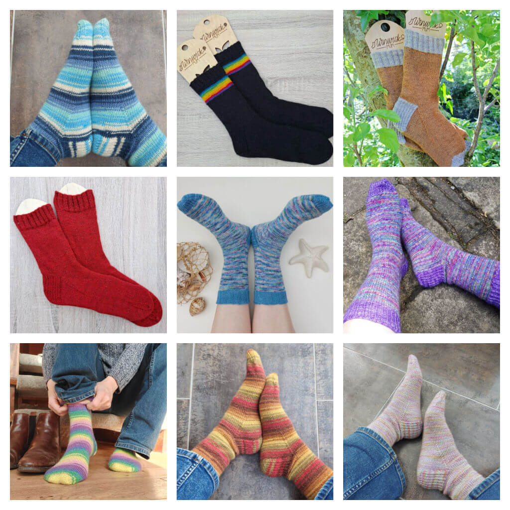 Nine-photo collage of colourful hand-knit socks in blue, black, red, purple, and rainbow patterns, shown worn and displayed indoors and outdoors.