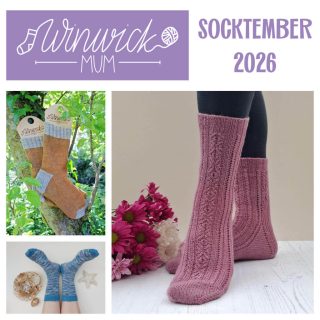 Winwick Mum Socktember 2026 collage: handmade knitted socks in gold and blue tones, plus pink twisted stitch socks worn beside flowers.