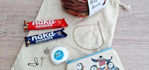 Emergency sock knitting supplies on a linen pouch: colourful yarn, Nakd fruit bars, circular knitting needle, stitch markers, dental floss, and a small zipped pouch with puffins on it.