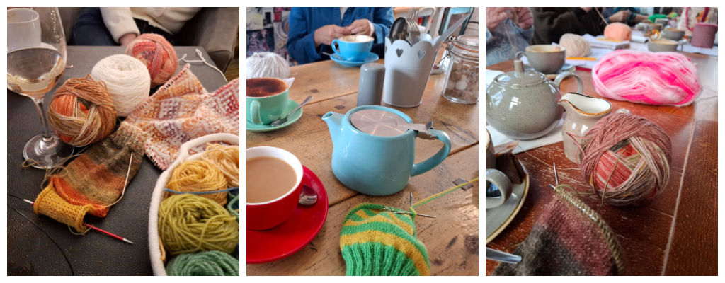 Collage of colourful yarn, knitted socks, needles, teapots, and cups on a table, evoking a cosy, creative knitting café gathering.