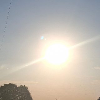 Bright sun blazes through a hazy sky with solar eclipse lens flare, silhouetted trees below, and faint power lines creating a warm, tranquil mood.