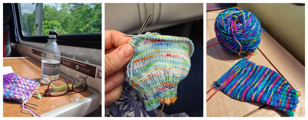 Collage of colourful yarn, knitted socks, needles, teapots, and cups on a table, evoking a cosy, creative knitting café gathering.