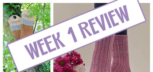 Winwick Mum Socktember 2026 graphic: pink knitted socks, flowers, yarn and sock photos, overlaid with a bold “Week 1 Review” banner.