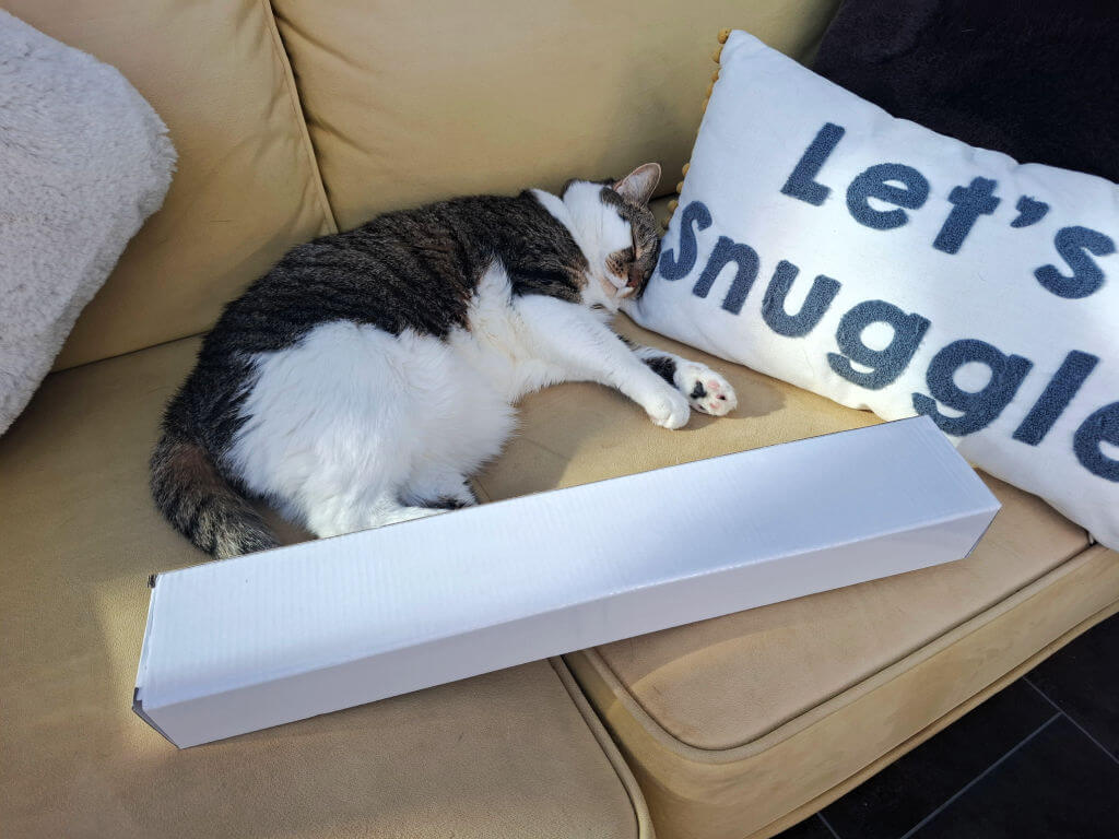 A tabby-and-white cat sprawls on a yellow sofa beside a “Let’s snuggle” pillow, with a long white box in front, creating a cosy scene.